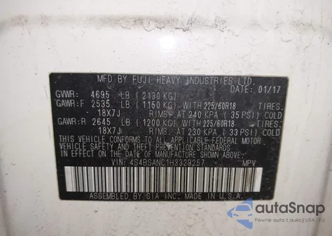 2017 Subaru Outback 2.5I Limited z USA, uszkodzony, nr VIN 4S4BSANC1H3329257